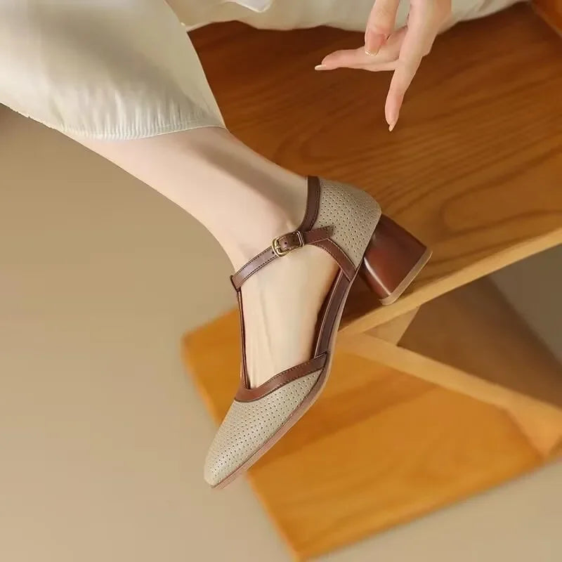Top view of Women's T-Strap Block Heel Shoes highlighting perforated upper texture and T-strap construction