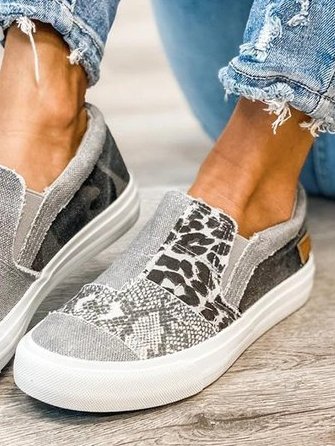 Women's loafers slip on orthopedic sneakers with beige and print canvas upper, elastic gores, and supportive footbed