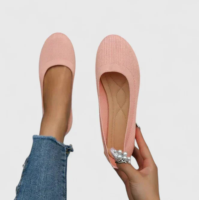 Close-up of elastic ribbed collar on women's orthopedic shoes slip on for easy entry