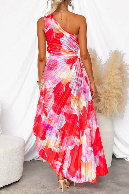 One shoulder sleeveless dress with gathered side detail and pleated skirt
