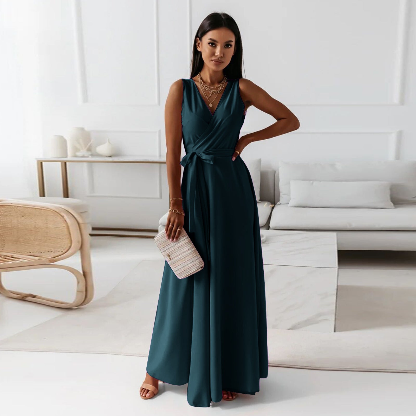 Side view of wedding guest wrap maxi dress showing flattering wrap bodice and graceful drape