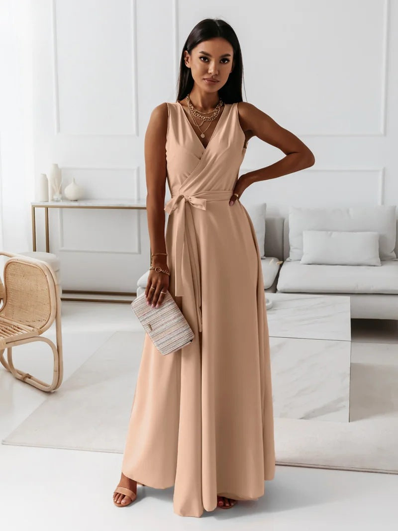 Back view of wedding guest maxi dress with flowing skirt and wrap closure
