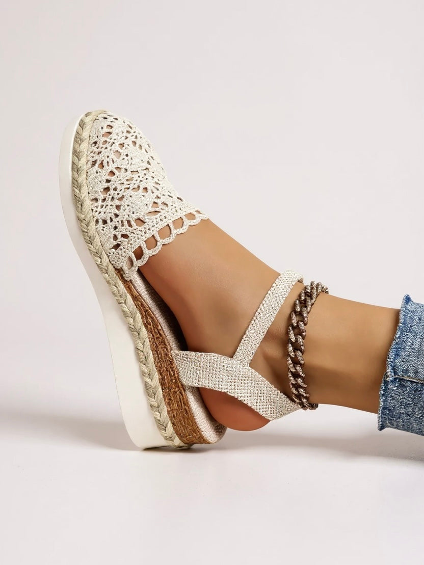 Brooklyn boho wedge espadrille ankle strap sandals with crochet upper and jute-wrapped wedge sole on foot