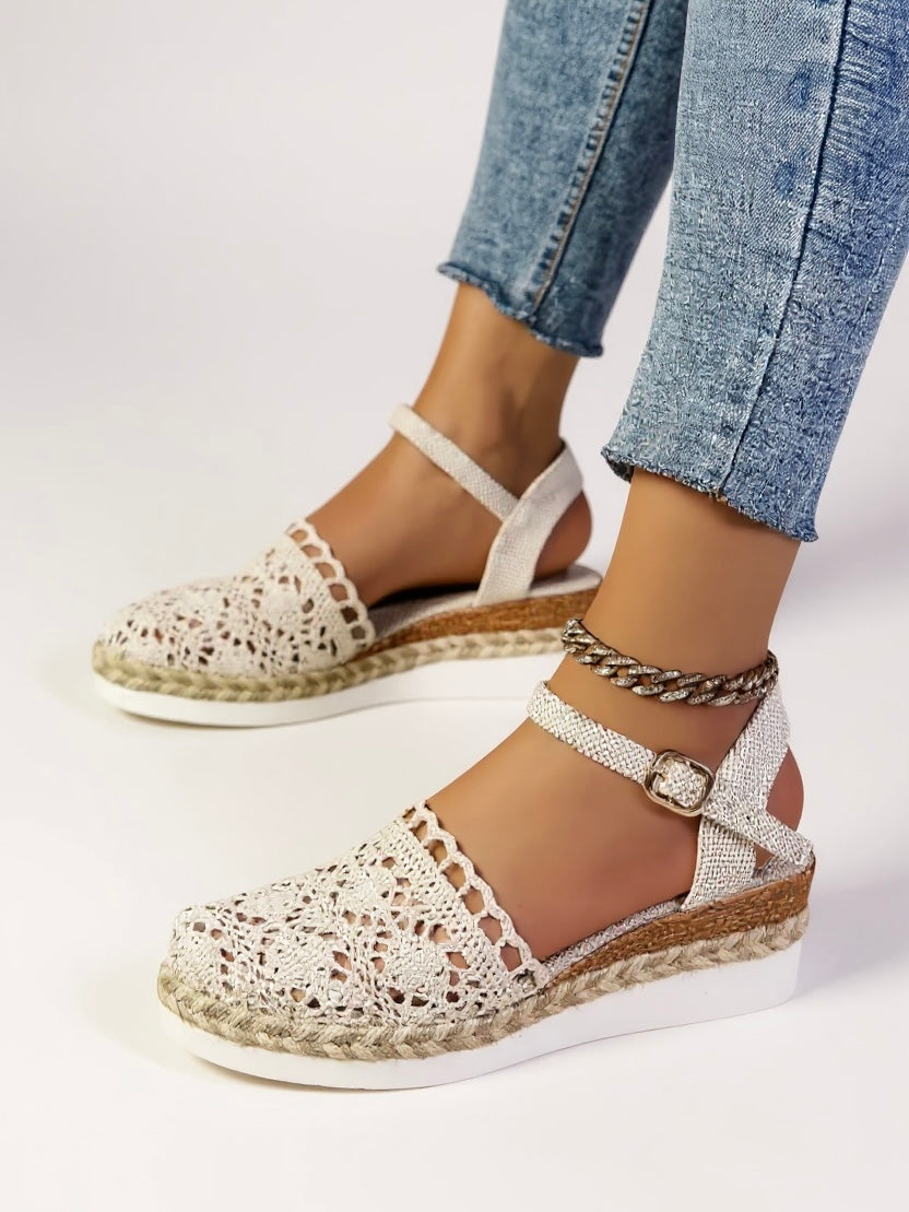Rear view of boho wedge espadrille sandals displaying jute-wrapped wedge heel and adjustable ankle strap