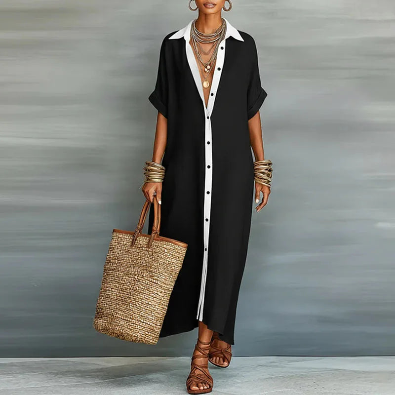 Woman styling Linen Long Shirt Sundress with woven tote bag and sandals for casual summer outfit