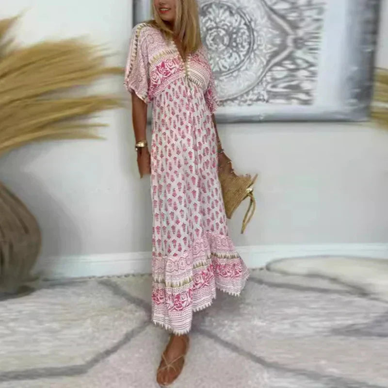 Side view of relaxed fit boho maxi dress showing flowing silhouette and all-over printed pattern