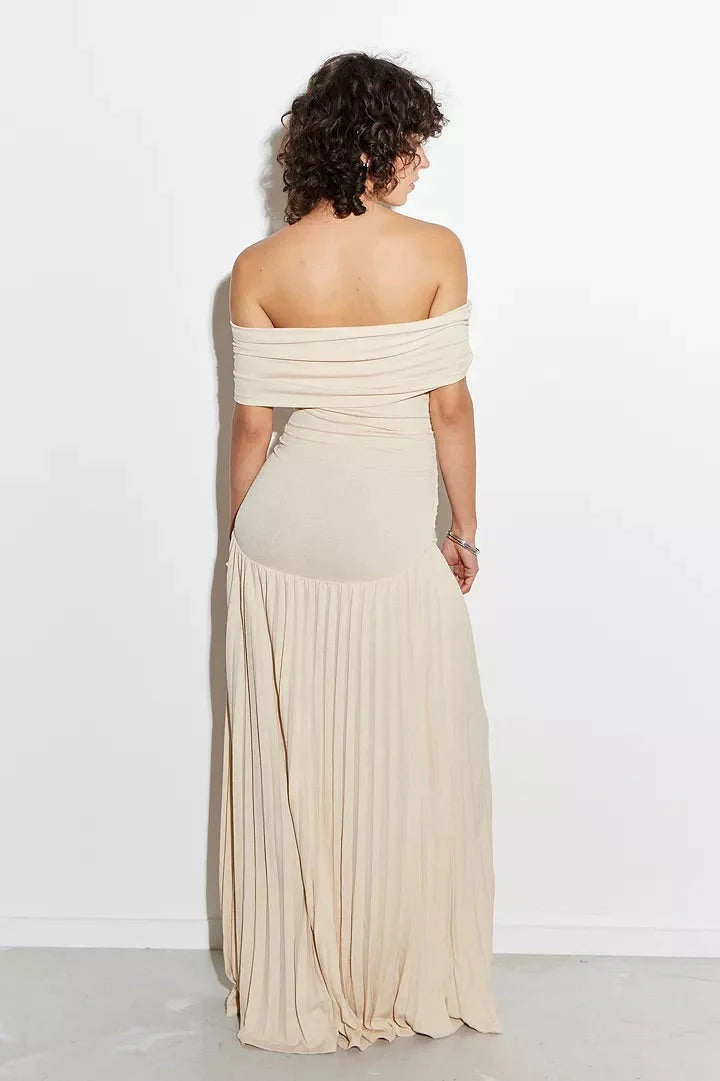 Front view of ruched bodice with off shoulder neckline on maxi dress