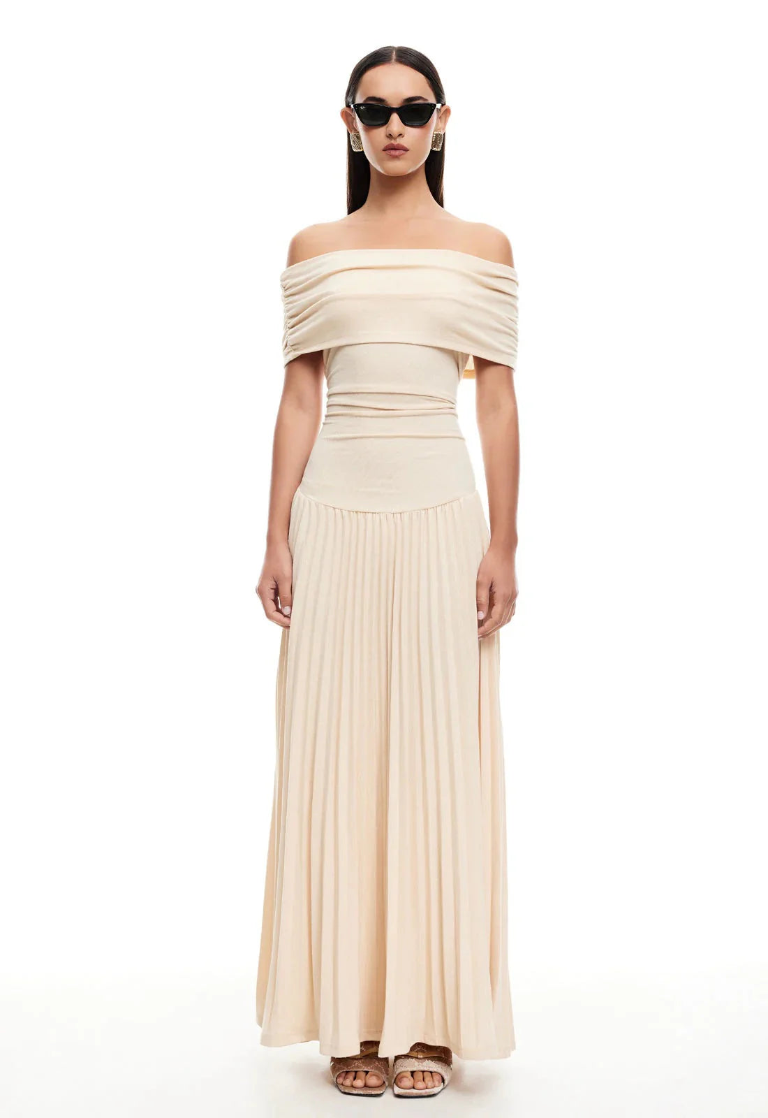 Detail of off shoulder neckline with draped fabric and fitted bodice