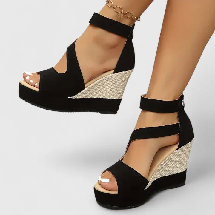 Women's black wedge sandals with supportive arch cushioning and secure elastic ankle strap