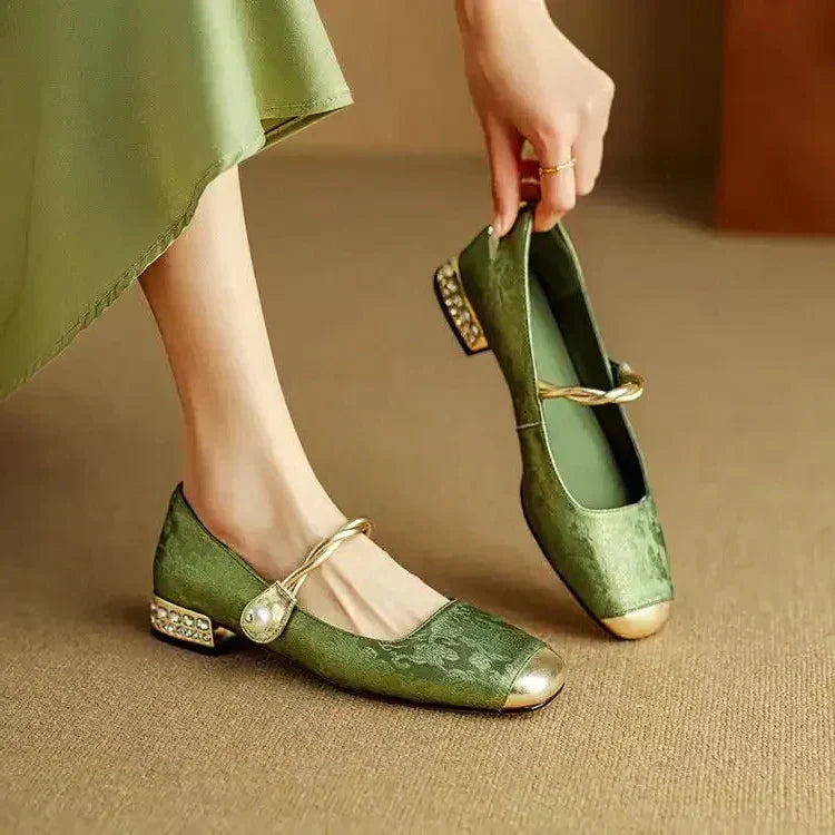 Women's Pearl Strap Mary Jane Shoes Glitter Block Heel in sage green with metallic gold toe cap and sparkling low heel