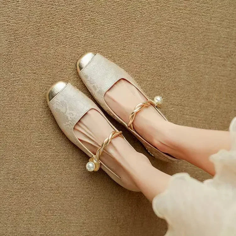 Full product shot of Women's Pearl Strap Mary Jane Shoes displaying vintage-inspired silhouette and modern details