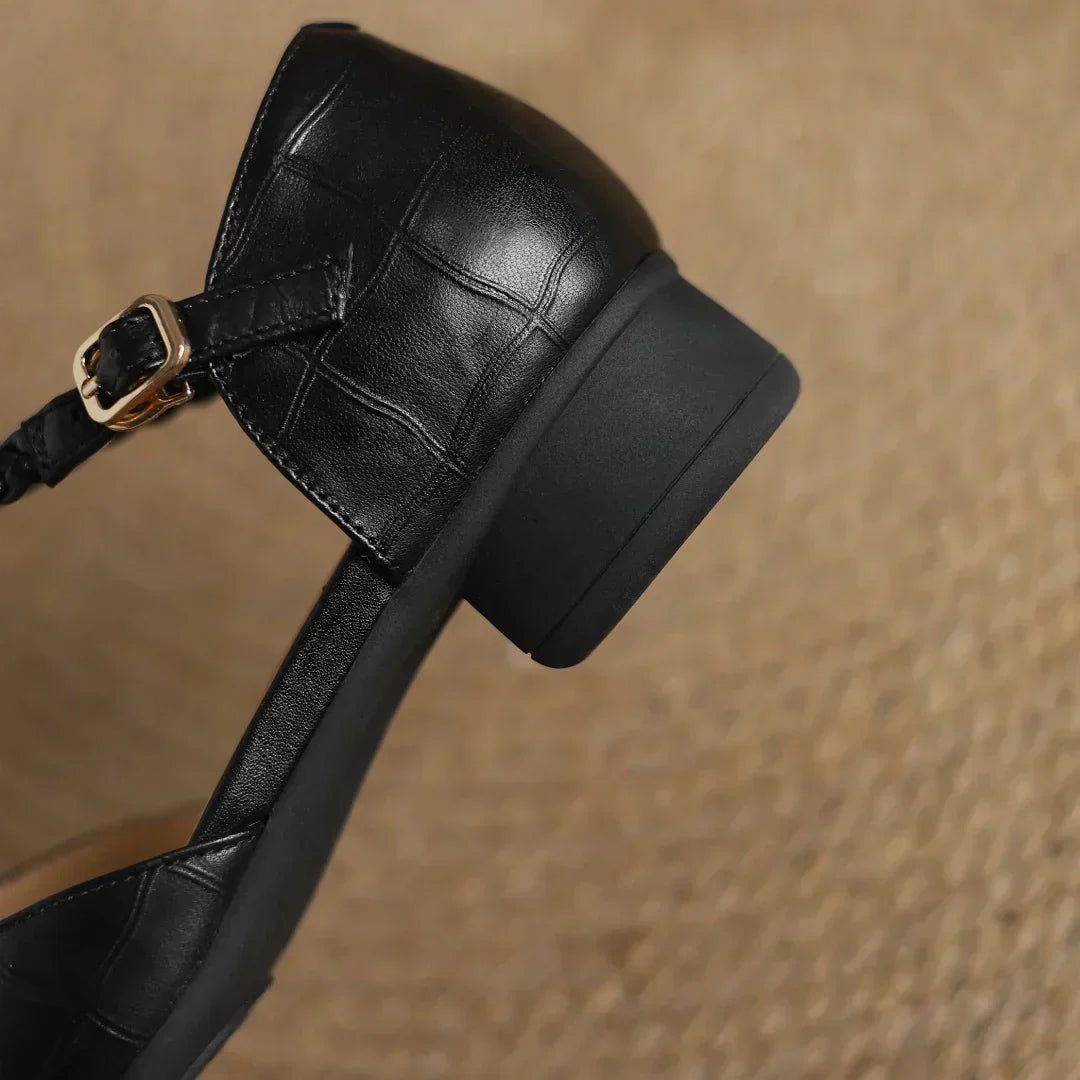 Women's pointed toe mary jane flats showing flat sole and comfortable fit