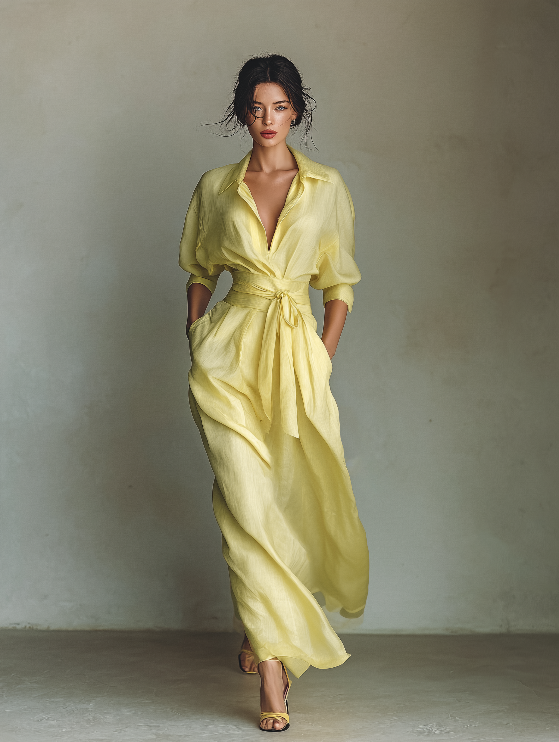 Close-up of yellow cotton linen maxi dress showing tie waist detail and half sleeve construction