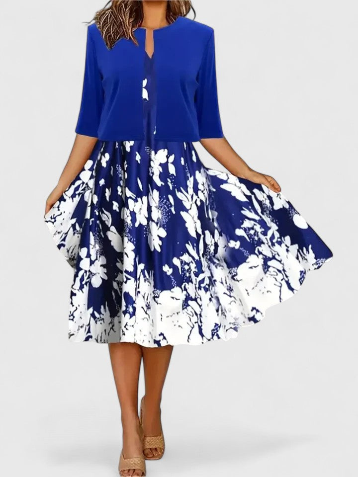 Full-length view of Elegant Midi Floral Dress styled with heels for formal occasions