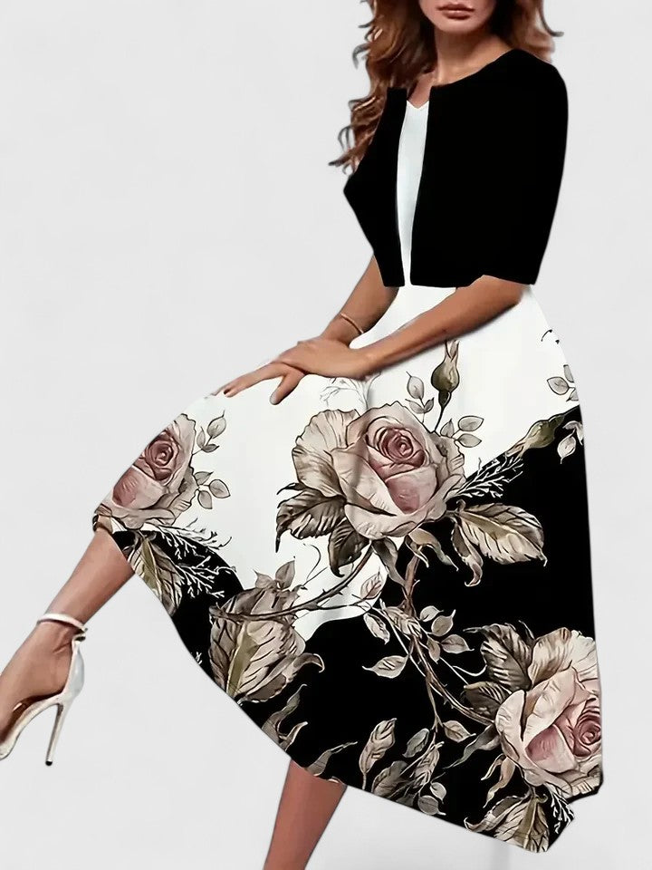 Elegant Midi Floral Dress styled for wedding guest or garden party event