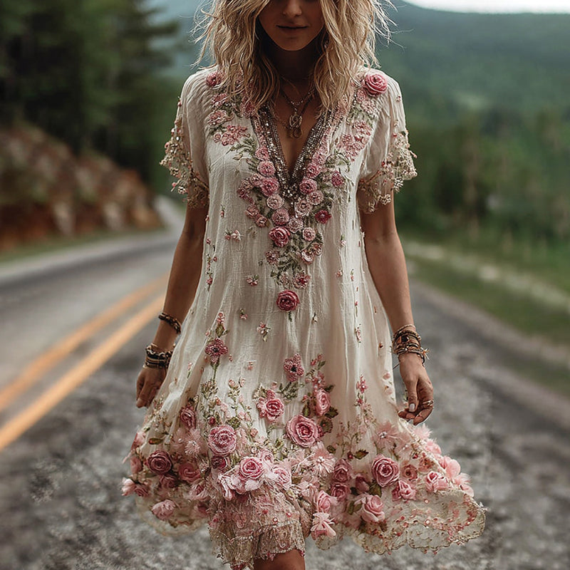 Floral embroidered V neck dress with three-dimensional rose appliqués cascading down bodice and hemline on cream base