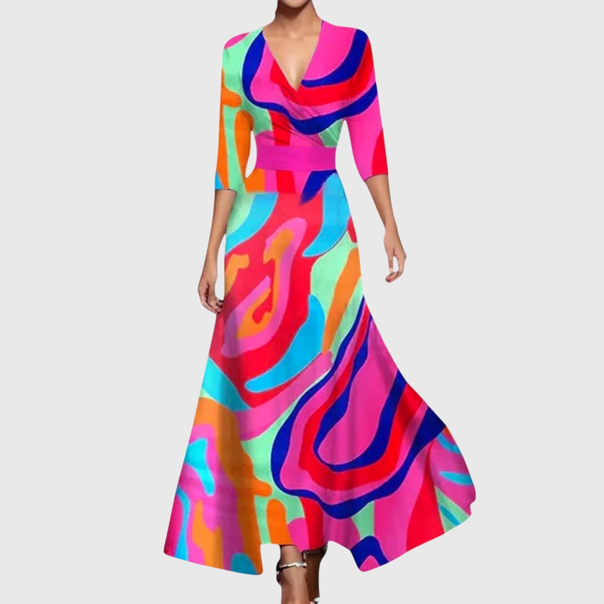 Back view of maxi floral dress showing flowing skirt and sleeve detail