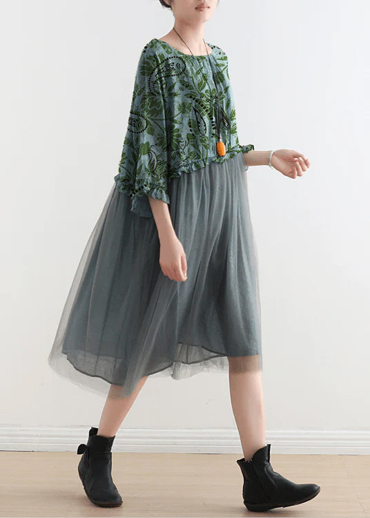 Back view of flowing chiffon summer dress with sheer tulle layer and relaxed fit