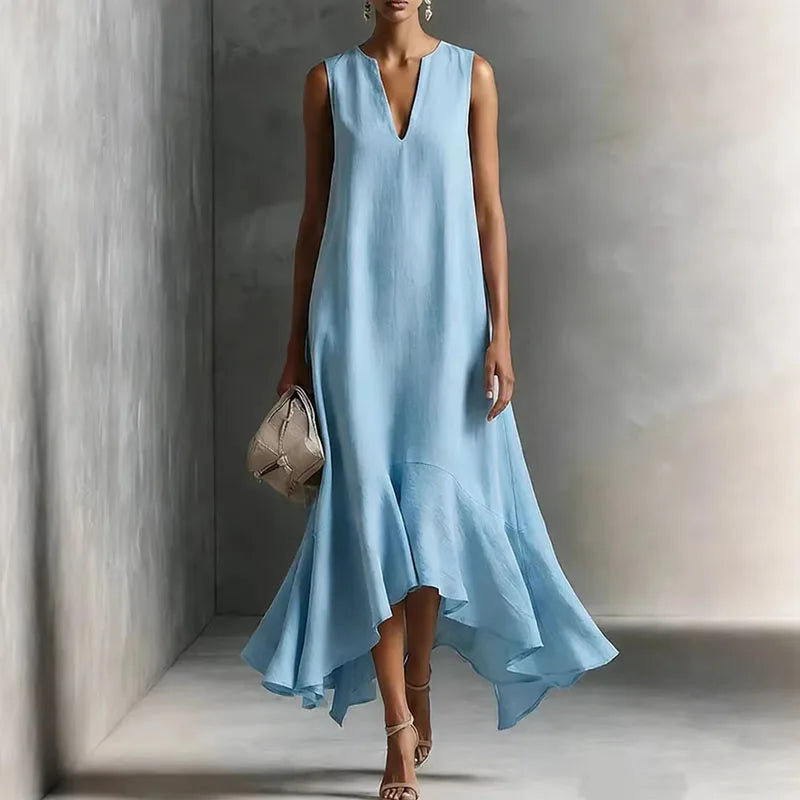 Side view of V Neck Flowy Sundress showing relaxed fit and floor-length silhouette with ruffle detail