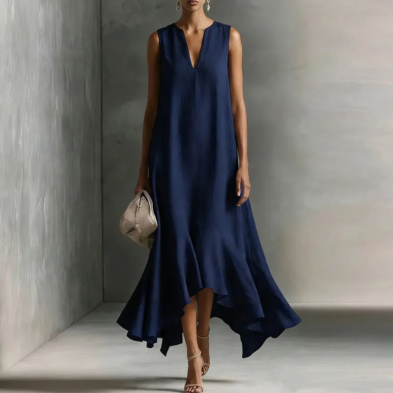 Back view of Genesis V Neck Flowy Sundress showing full length and flowing asymmetric hem detail