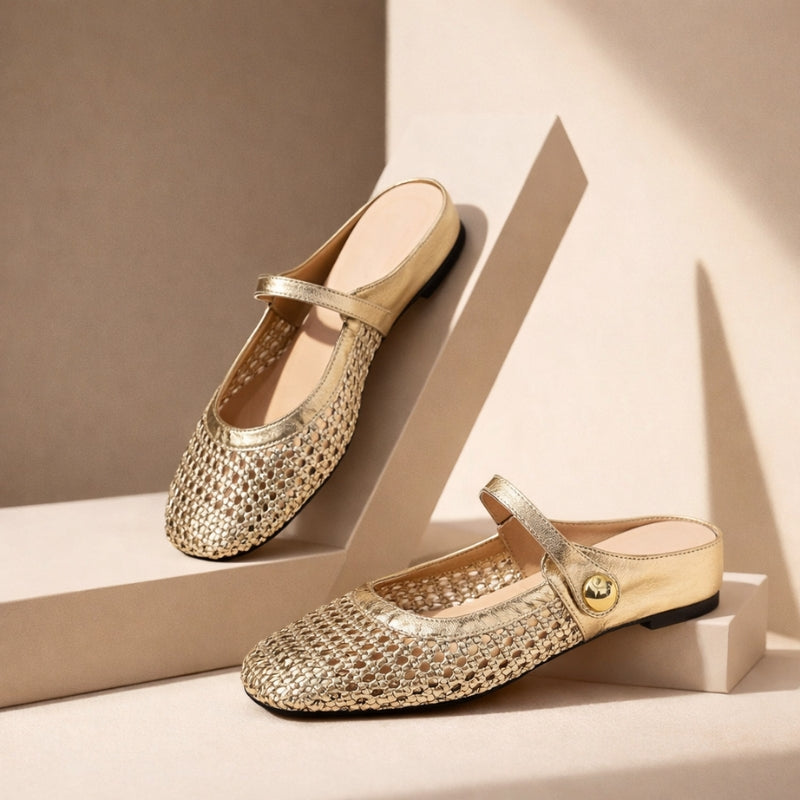 Women's Mary Jane Mules Woven Flat Slip On Shoes with open-weave metallic upper and square toe design