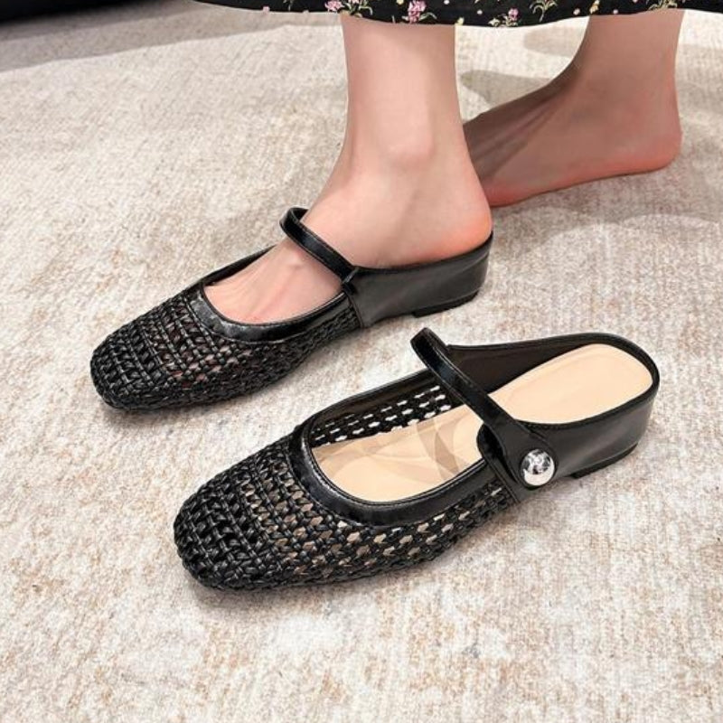 Close-up of button closure and woven metallic detail on women's flat Mary Jane mules