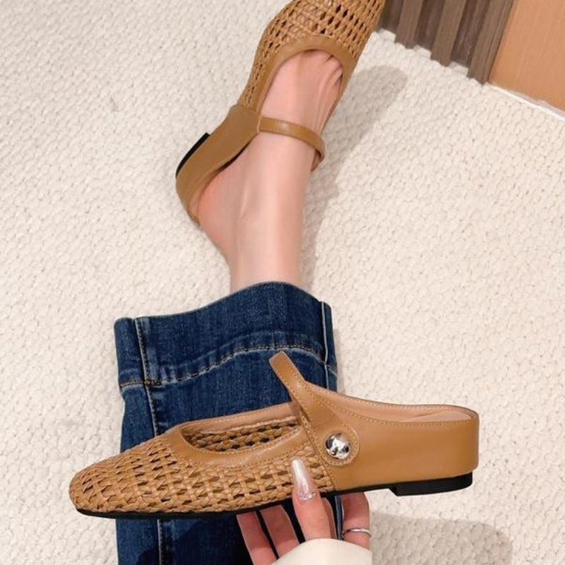Women's slip-on mules with open-weave upper and square toe silhouette in warm lighting