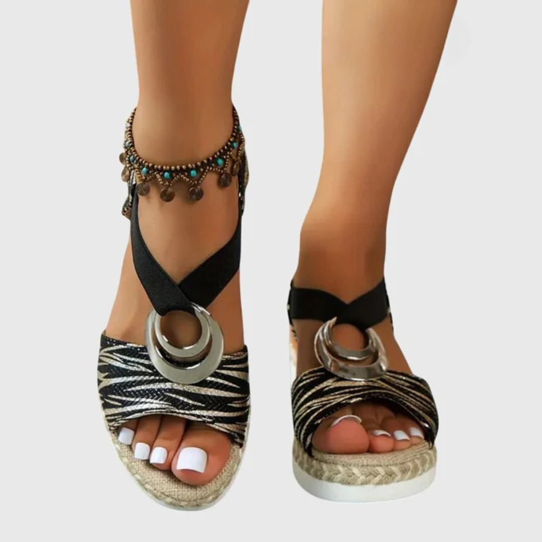 Side profile of women's platform orthopedic sandals showing supportive footbed and adjustable crossover strap design