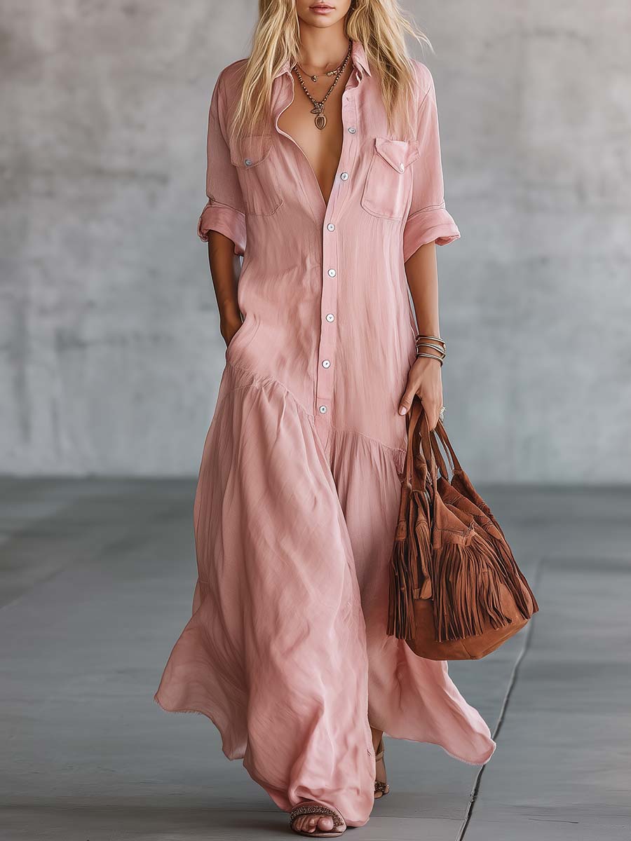 Women's Pink Cotton Linen Maxi Dress with V-neck, button front, and ruffled hem in relaxed shirt silhouette