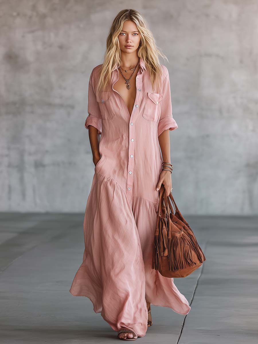 Relaxed fit Women's Pink Cotton Linen Maxi Dress styled with leather accessories and natural texture fabric