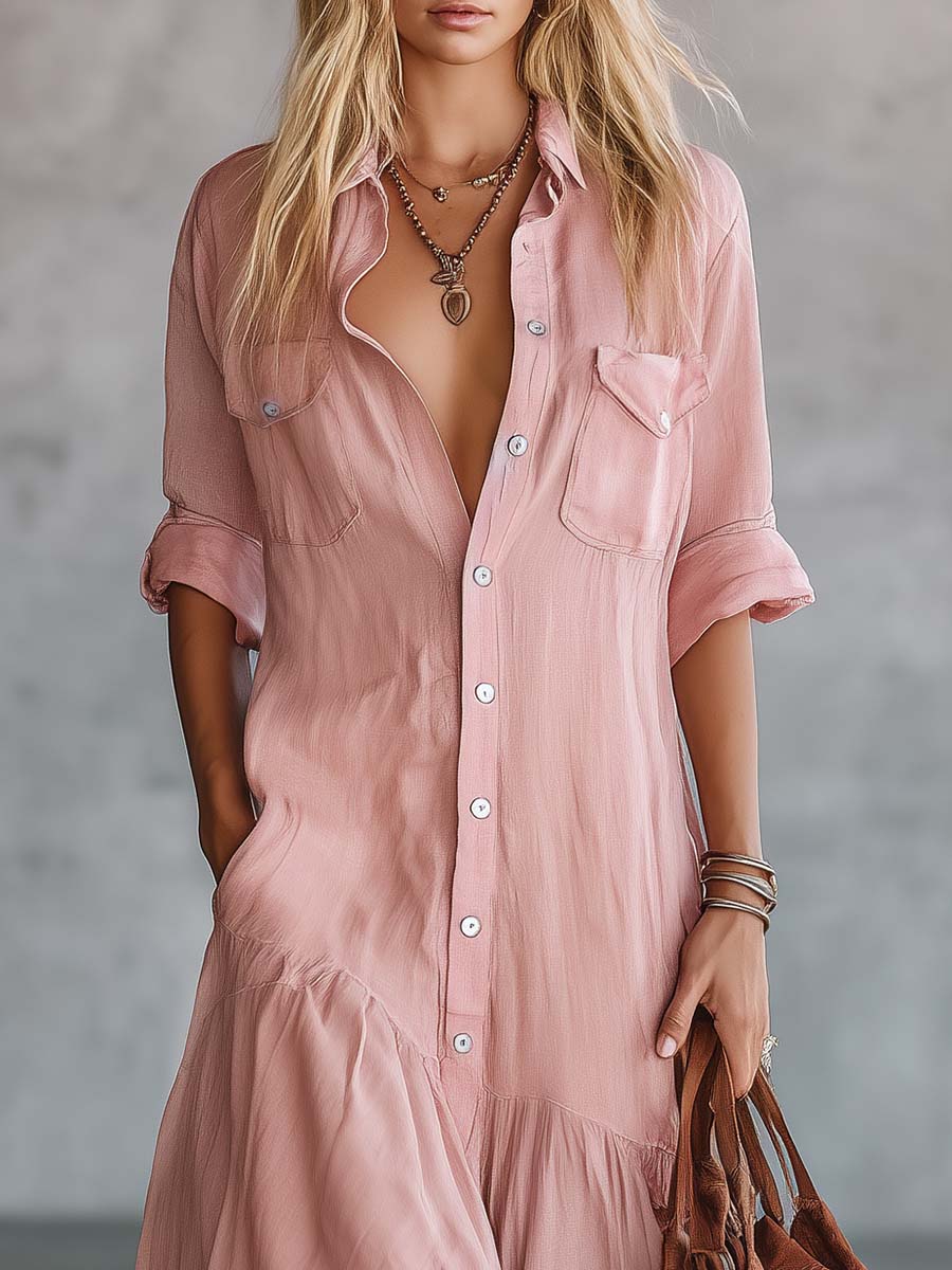 Button-front maxi dress in soft pink with V-neck collar and comfortable loose fit for all-day wear