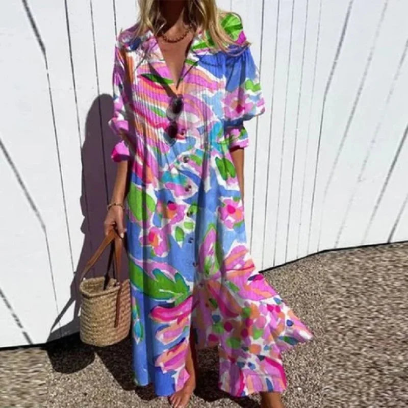 Side angle of Women's Boho Floral Long Sleeve Maxi Dress displaying flowing A-line silhouette and ankle-length hem
