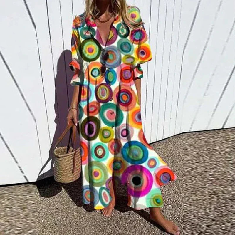 Back view of Women's Boho Floral Long Sleeve Maxi Dress showing relaxed fit and vibrant floral print coverage
