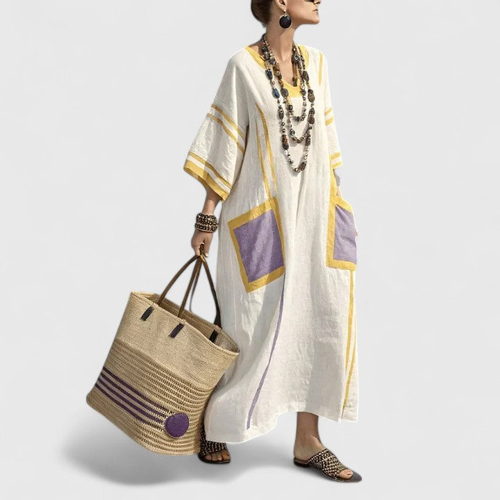 Full-length view of oversized Elegant Bohemian Dress with functional front pockets
