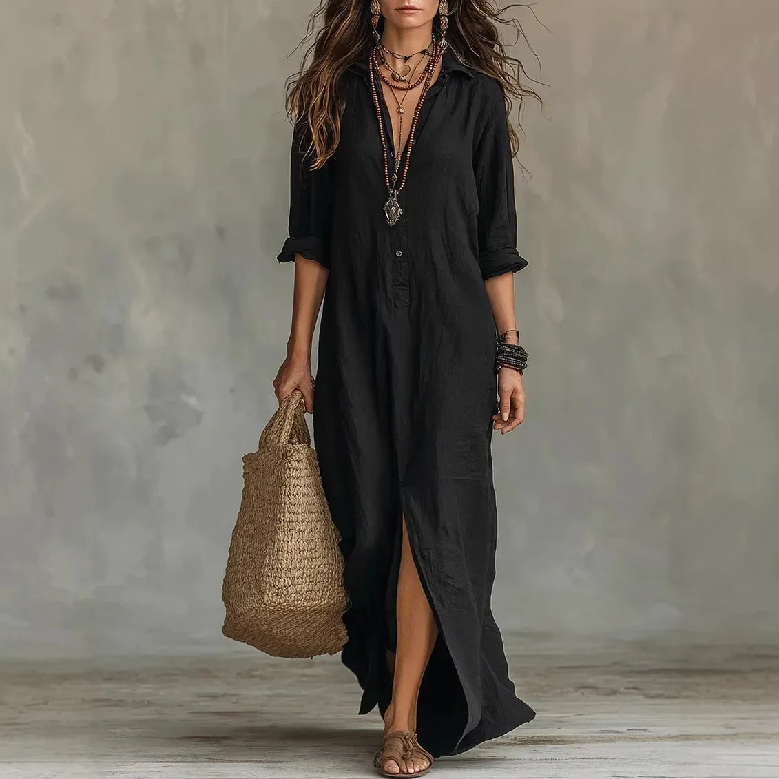 Side view of Linen Long Shirt Dress showing flowing maxi silhouette with front slit and button closure