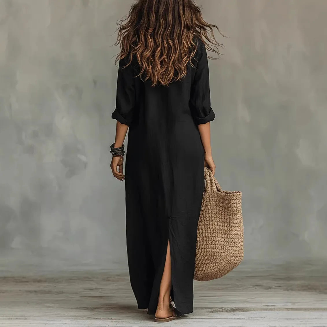 Close-up detail of Linen Long Shirt Dress collar and rolled three-quarter sleeve cuffs