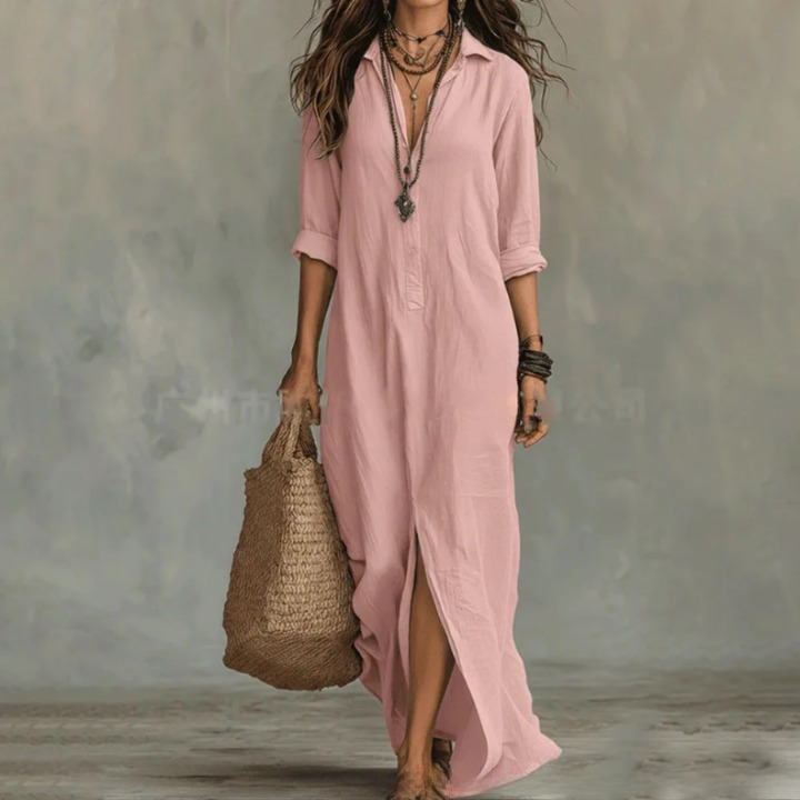 Full-length view of white Linen Long Shirt Dress styled with woven bag and sandals