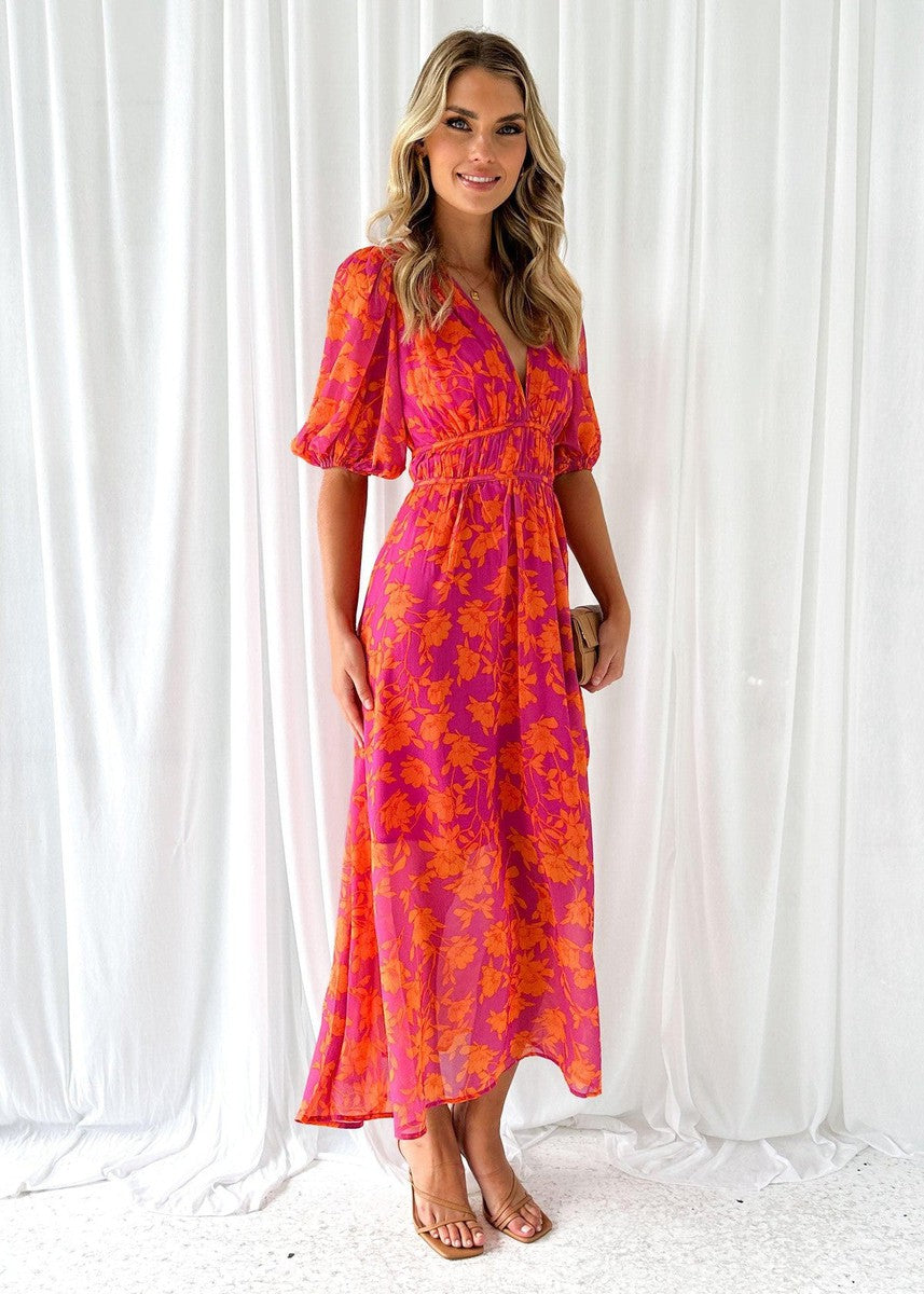 Close-up of Women's Floral V Neck Maxi Wedding Guest Dress fabric showing bold floral pattern