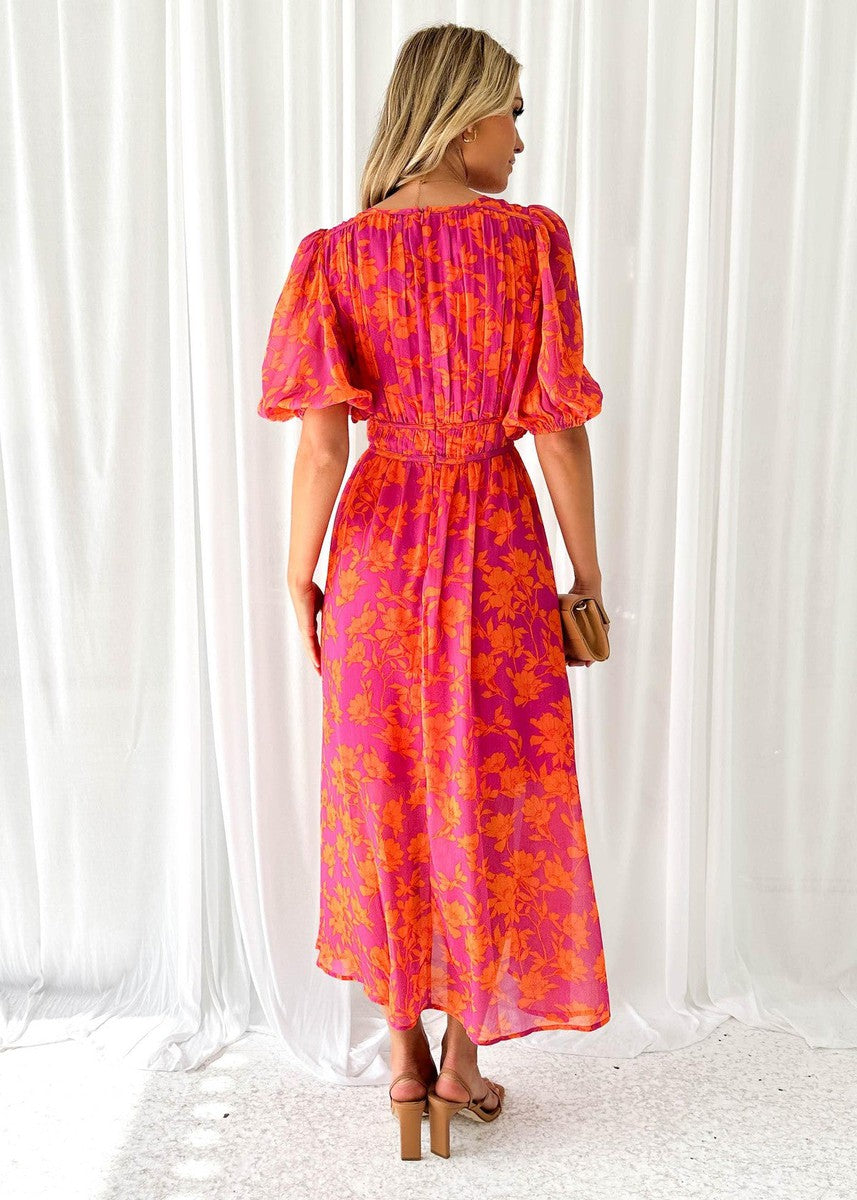 Full-length view of floral V neck maxi dress with ankle-length hem and relaxed silhouette