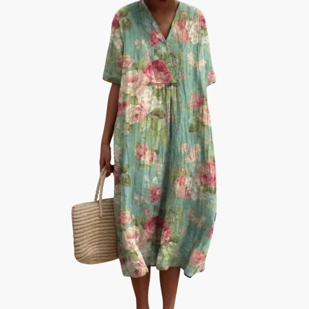 Full outfit featuring floral V neck midi dress with natural accessories for effortless styling