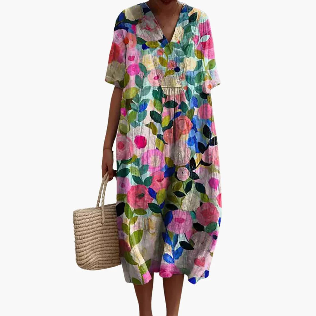 Side view of oversized midi dress with relaxed cocoon silhouette and below-knee length hem