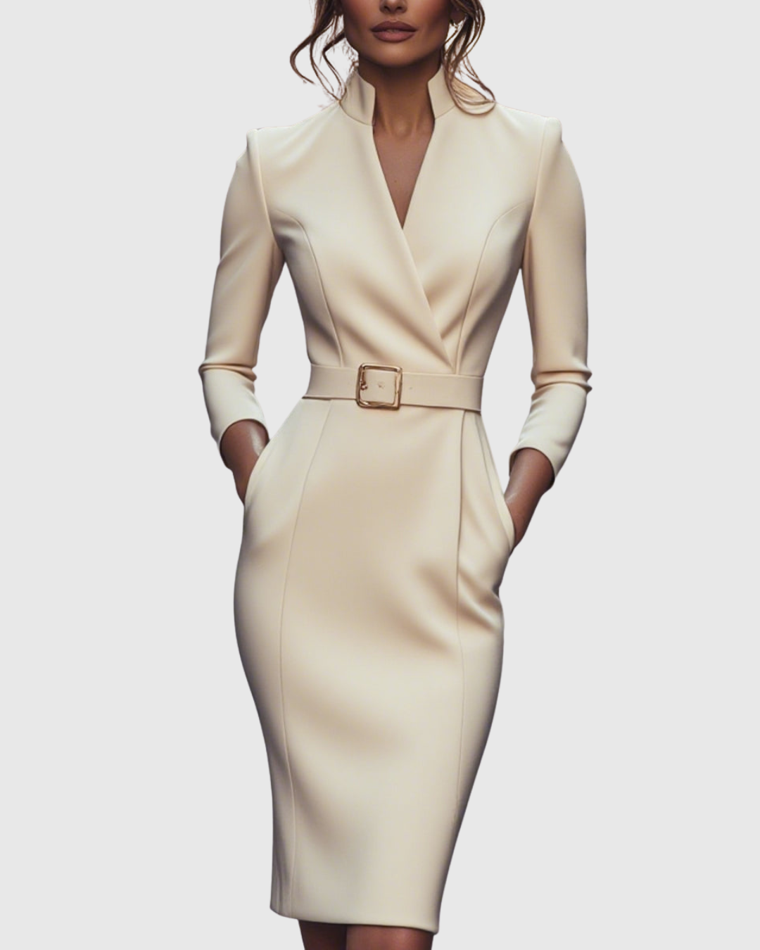 Close-up of refined midi dress neckline and three-quarter sleeve construction