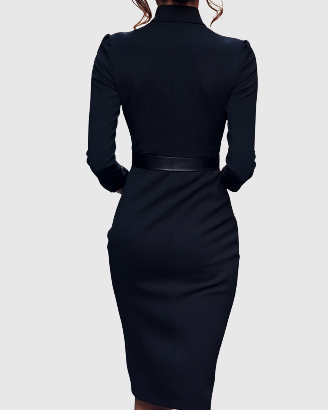 Back view of refined midi dress highlighting smooth fabric and fitted silhouette