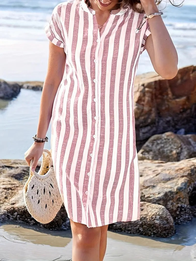 Detail shot of linen striped shirt dress fabric showing woven texture and stripe pattern