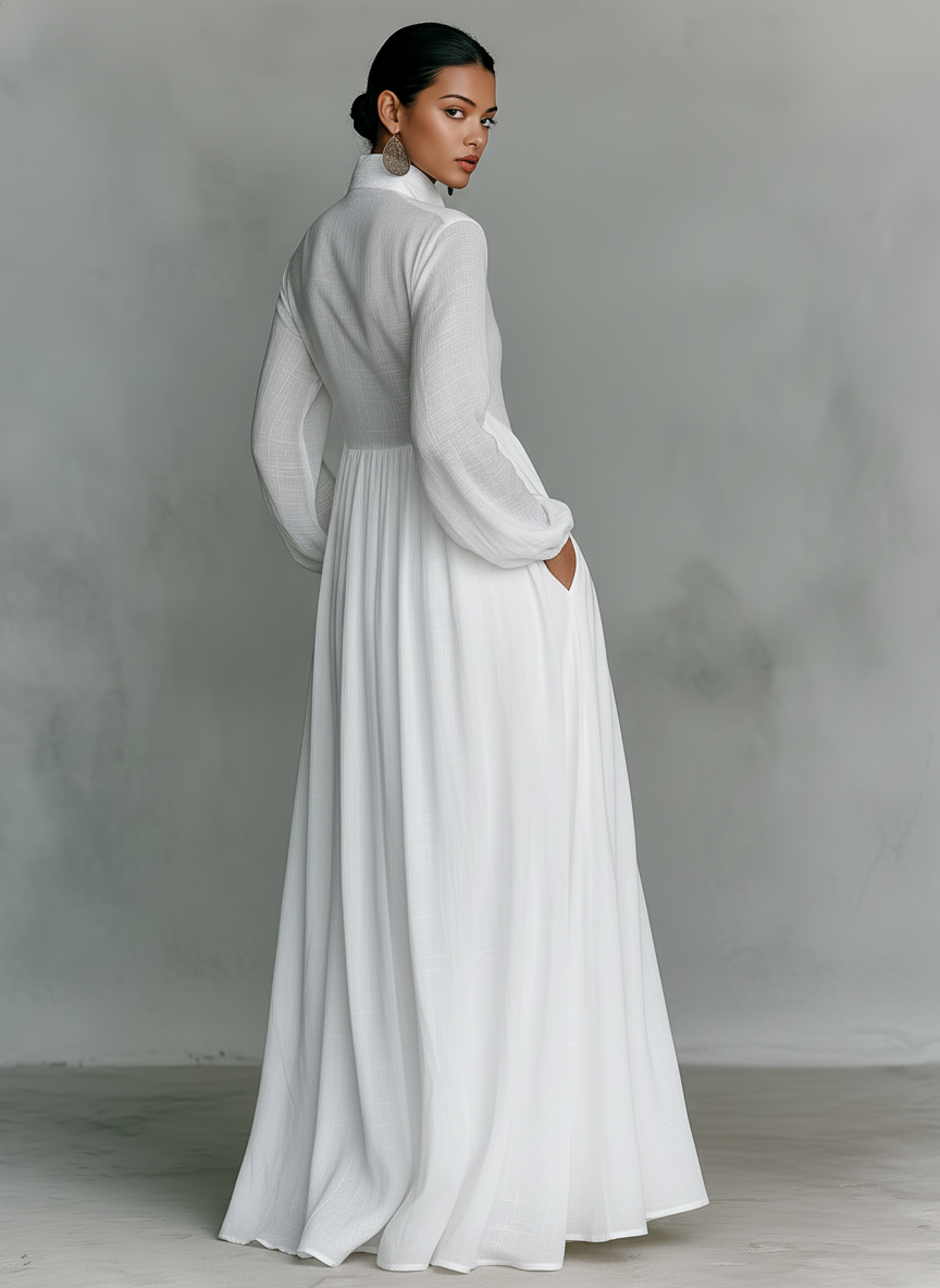 Front view of relaxed fit maxi dress featuring patchwork detailing and long sleeves