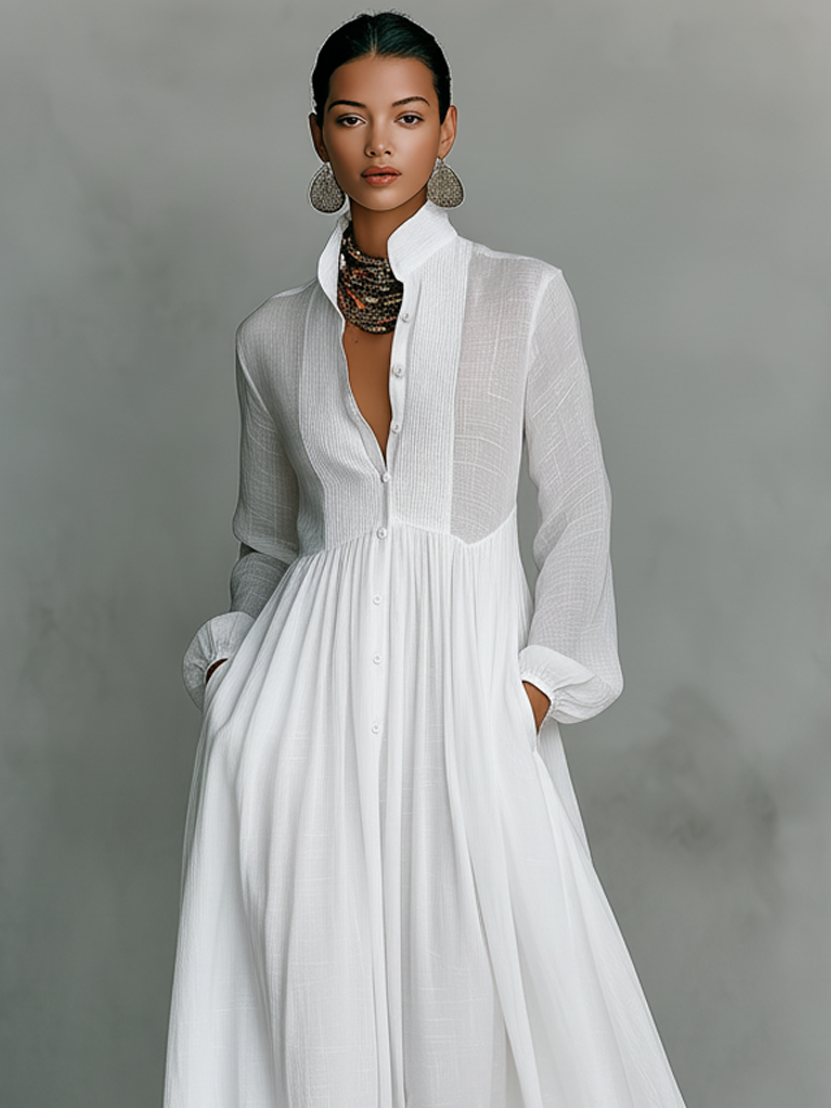 Full-length view of Women's Cotton Linen Maxi Dress with natural drape and elegant silhouette