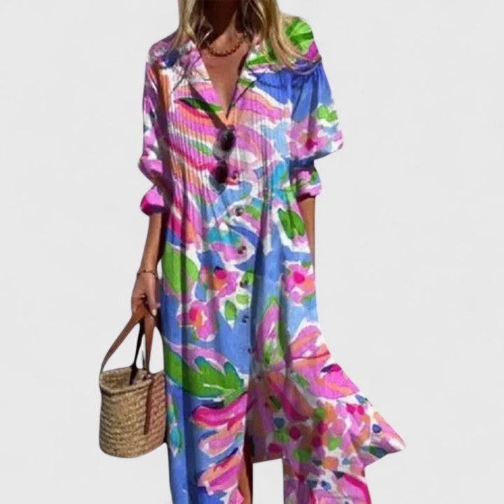 Full-length view of flowing maxi dress with soft drape and casual silhouette