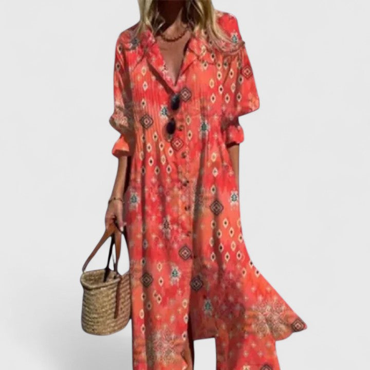 Woman styling leaf print maxi dress with woven basket bag for summer outfit