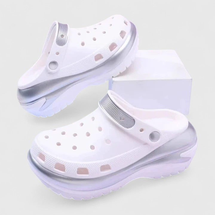 Side view of platform orthopedic sandals showing elevated cushioned sole and adjustable heel strap