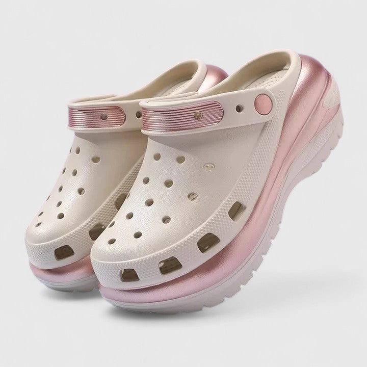 Close-up of slip-on clog design with breathable upper and textured non-slip outsole